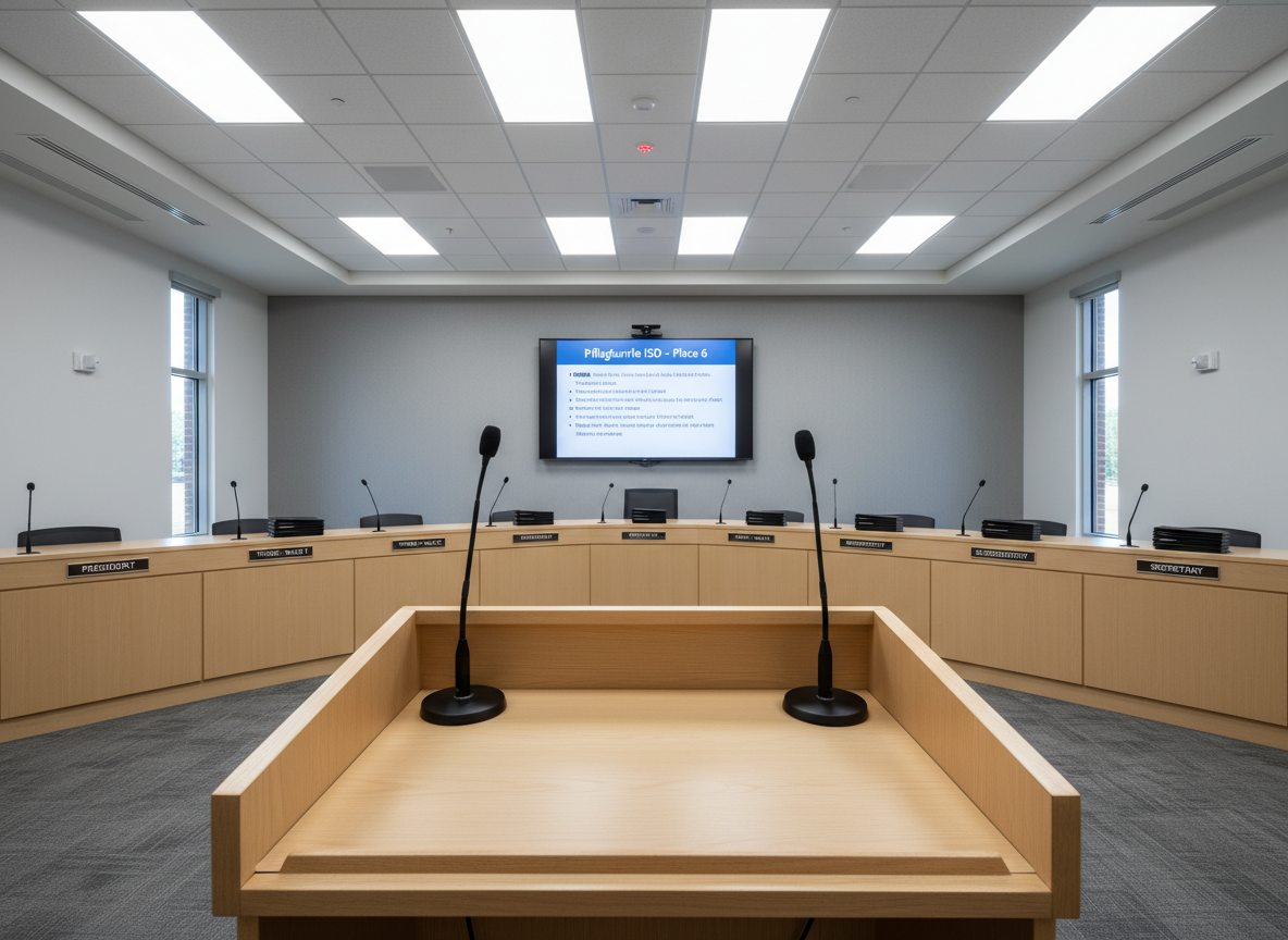 An orderly school board meeting room with an empty central podium flanked by neatly aligned microphones, each resting on matte black bases atop a long, light-ash wood dais. Nameplates with simple engraved titles, a small stack of policy binders, and a digital agenda screen in the background displaying “Pflugerville ISD – Place 6” in clear typography create a sense of organized governance. Cool, diffused overhead lighting and soft natural side light from narrow windows produce balanced illumination with minimal glare. The atmosphere is serious yet welcoming, emphasizing transparency and accountability. Composed from a slightly low angle toward the podium, with leading lines along the dais guiding the eye to the center. Sharp focus throughout, photographic realism, clean lines, and a neutral, corporate color palette.